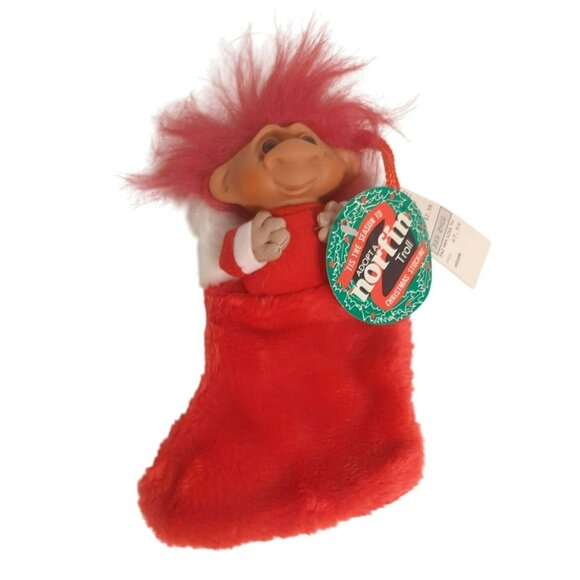 Vintage Norfin Christmas Troll In Plush Stocking Y1255 Red Hair 7.5-Inches - Picture 1 of 6